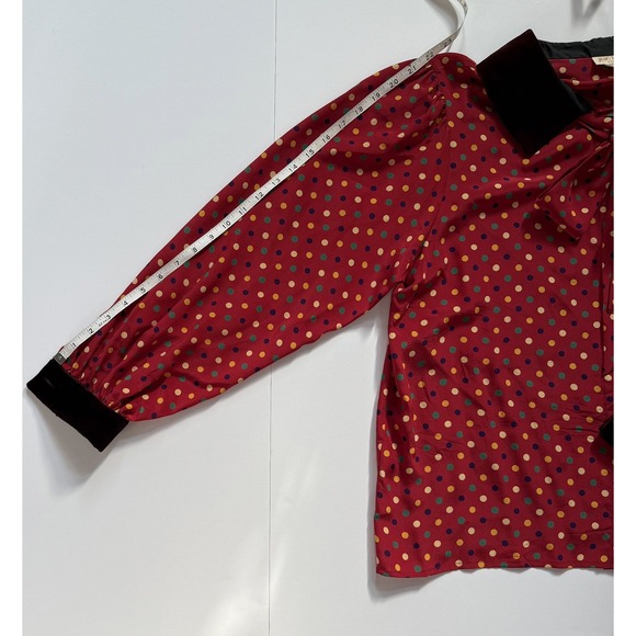 VTG Jean Halm Women's 14 Red Polka Dot 100% Silk Blouse Neck Tie Velvet Accents - Picture 14 of 16